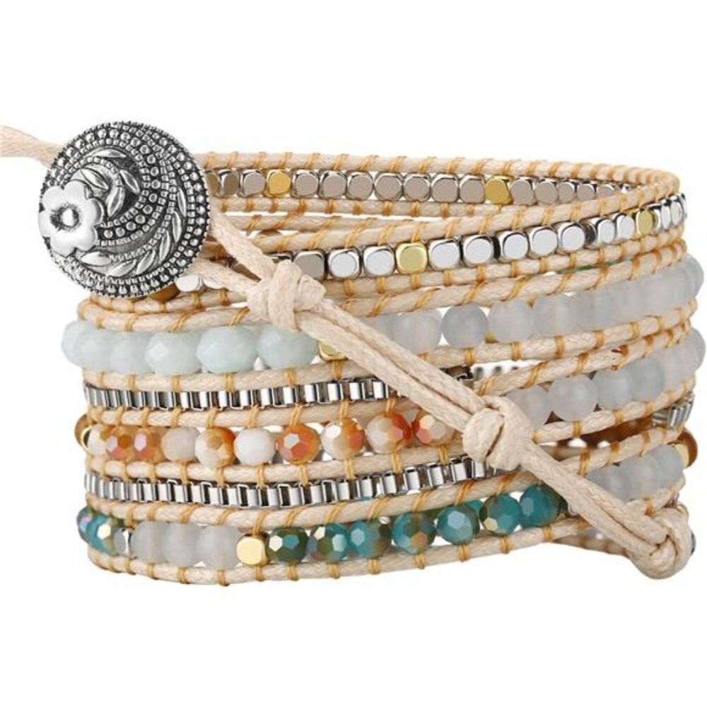 Boho 5 Wrap Bead Bracelet for Men Women - Handmade Adjustable Natural Chakras